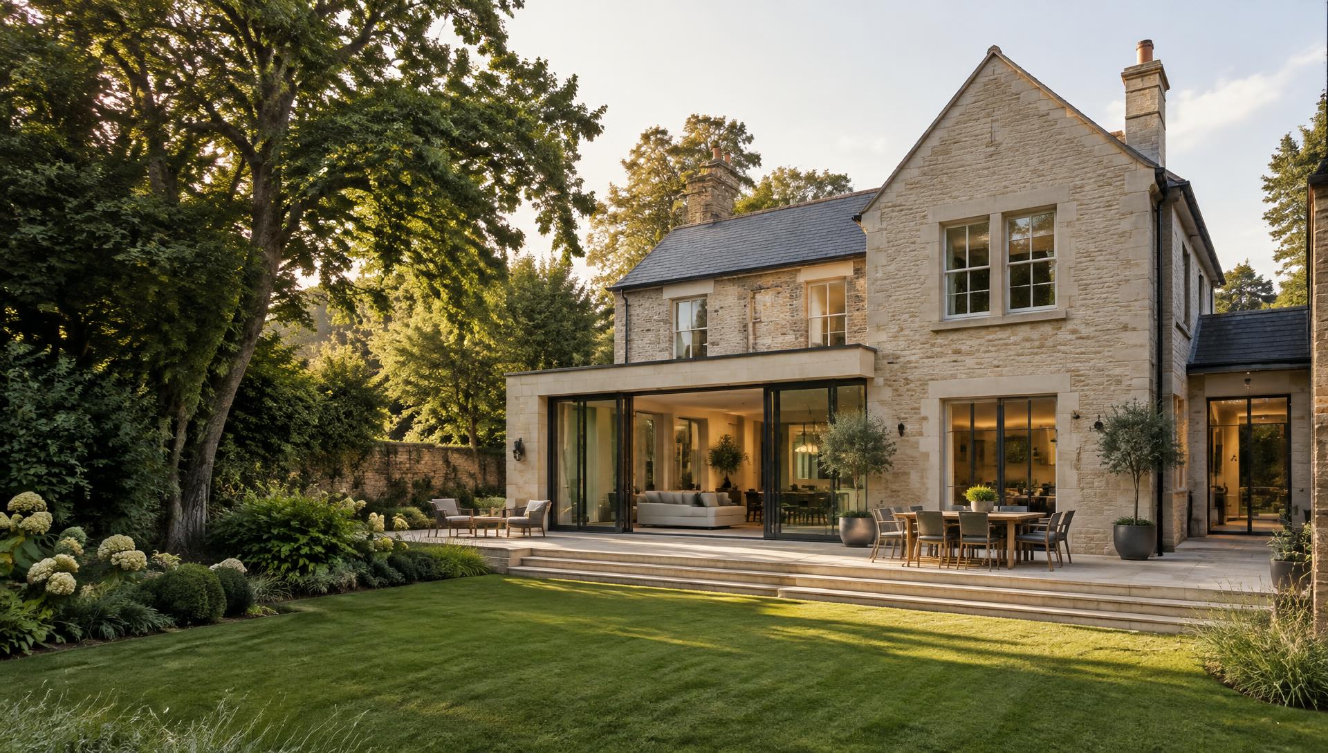 Architectural illustration of a renovated home with a contemporary glazed extension